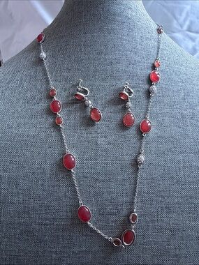 Silver-Tone Necklace and Earrings with Red Cabochon Stones
